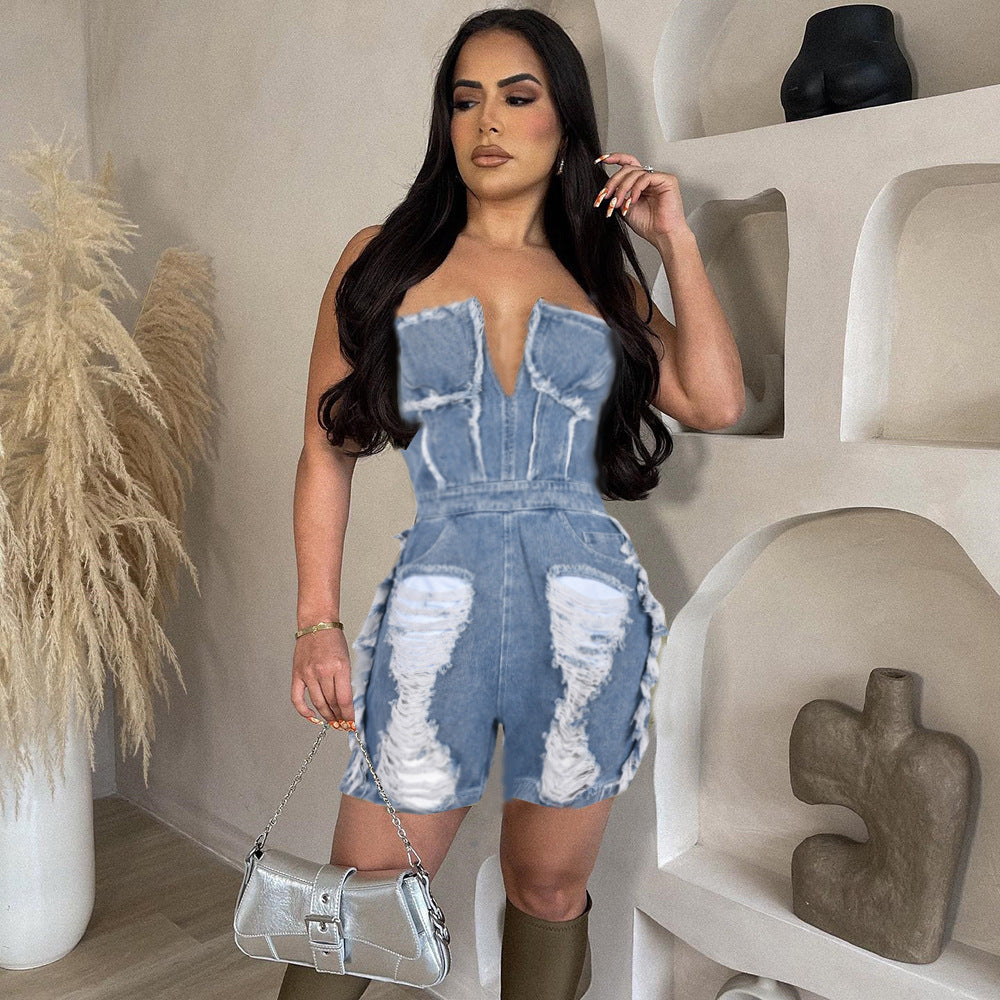 Hollow-out Ripped Zipper Short Chest Wrap Denim Jumpsuit Women